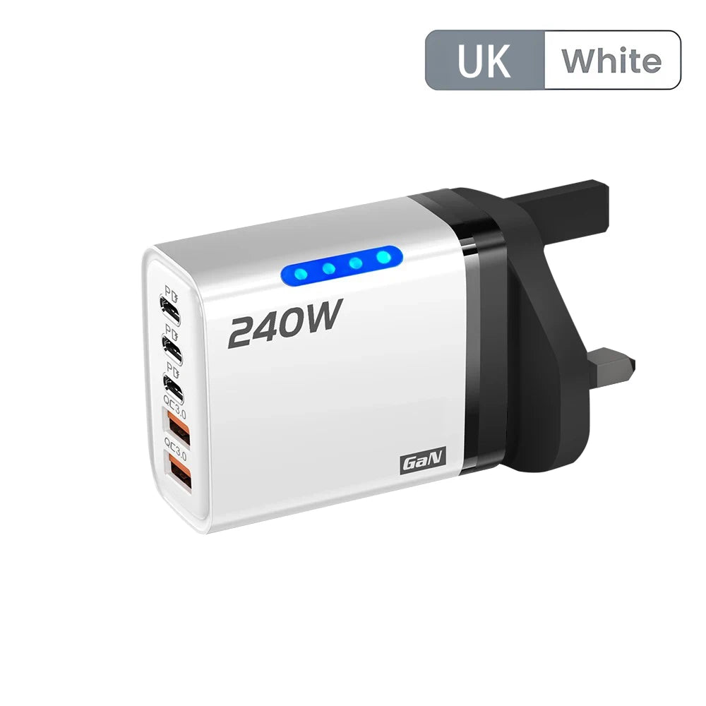 Cargador USB C GaN 5 en 1 de 240W, adaptador de carga rápida para teléfono, PD QC3.0, enchufe europeo/estadounidense/británico, cargador de pared para iPhone, Samsung, Xiaomi