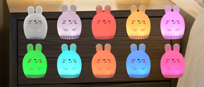 Mini máquina de ruido blanco de conejo bonito, luz LED nocturna, 20 música calmante para bebés, ayuda para dormir, lámpara de palmas de silicona para niños y niños