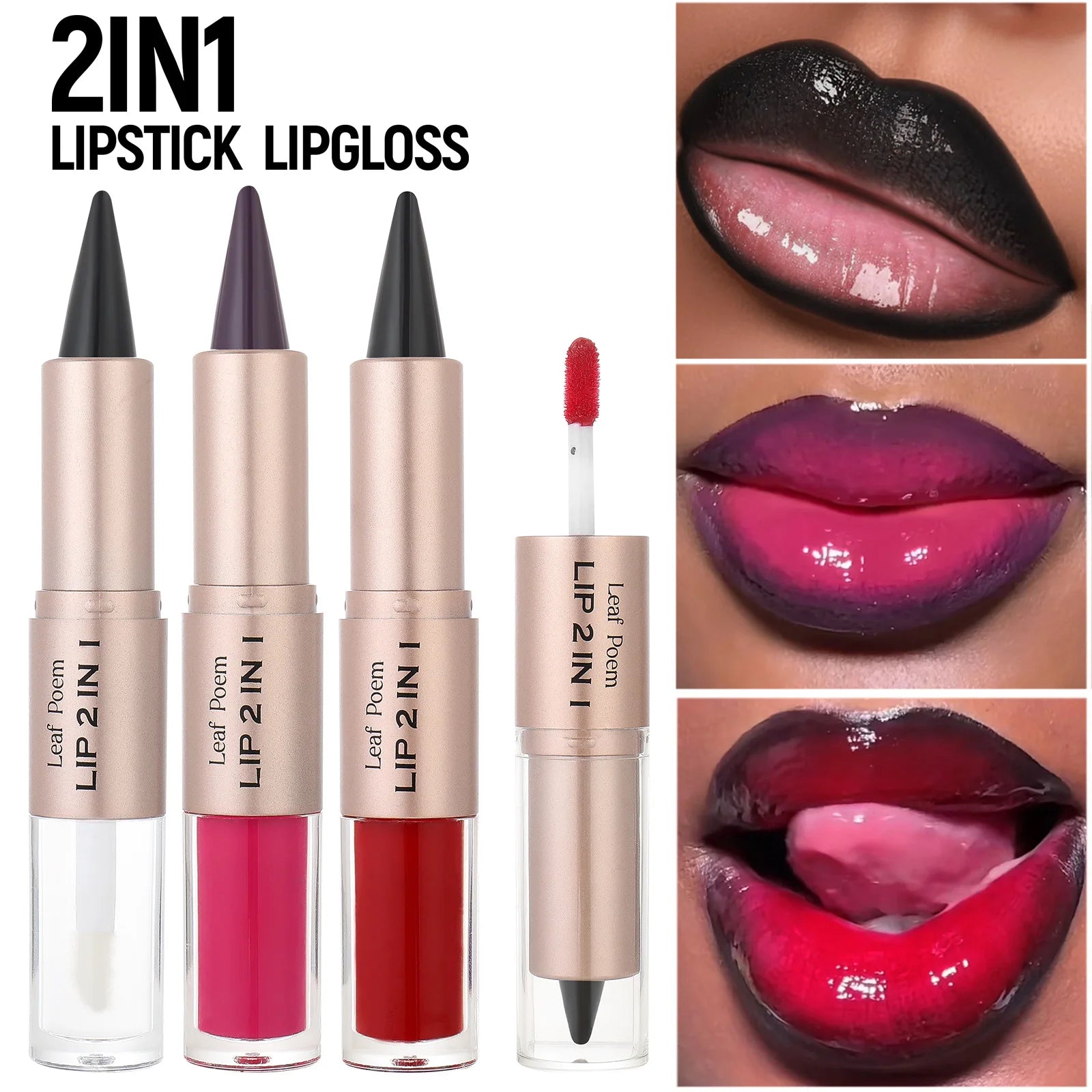 Delineador de labios cónico negro y marrón, lápiz de contorno, espejo de doble cabeza, brillo de labios de cristal, maquillaje de tinte de labios rojos sexis