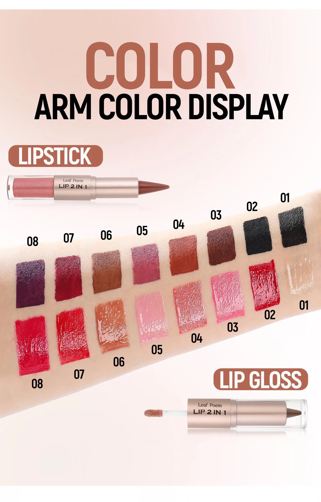 Delineador de labios cónico negro y marrón, lápiz de contorno, espejo de doble cabeza, brillo de labios de cristal, maquillaje de tinte de labios rojos sexis