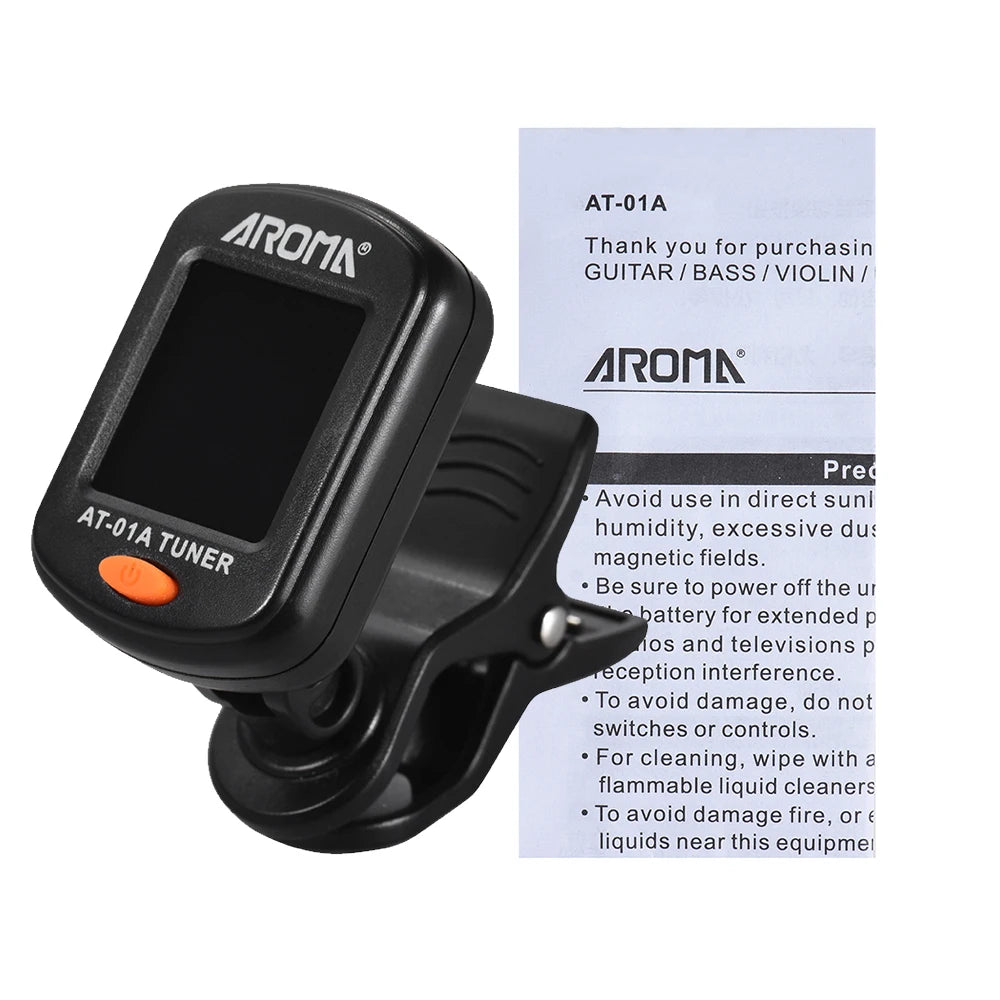 Afinador de guitarra AROMA AT-01A, sintonizador giratorio con Clip, pantalla LCD para guitarra acústica cromática, bajo, ukelele, accesorios para guitarra