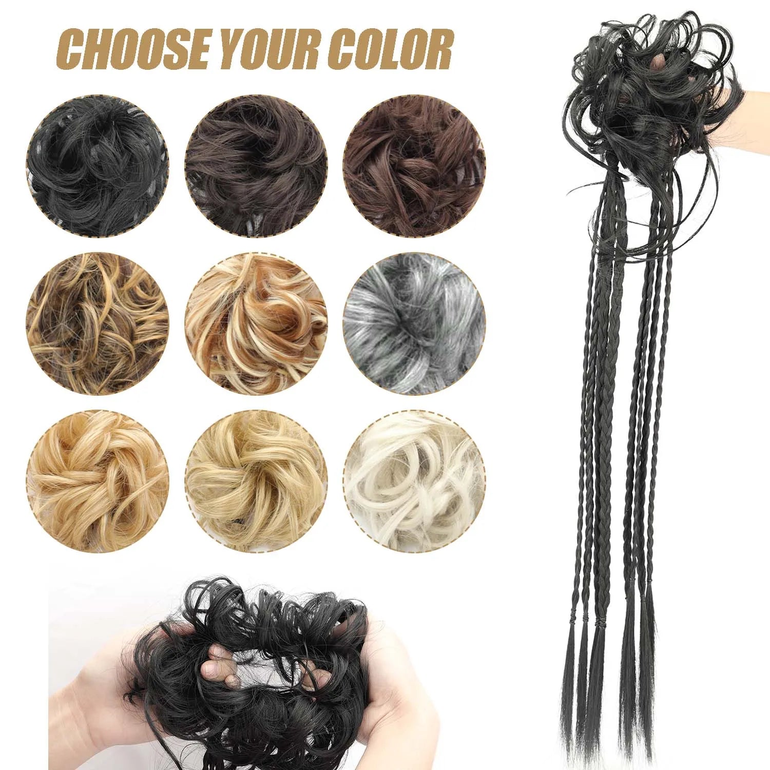 Postizo de Cabello Sintético para Moño Despeinado, Rubio y Castaño, Estilo Y2K, Trenza Desordenada y Rizada, Banda Elástica para el Cabello, Piezas de Cabello Falso para Mujer