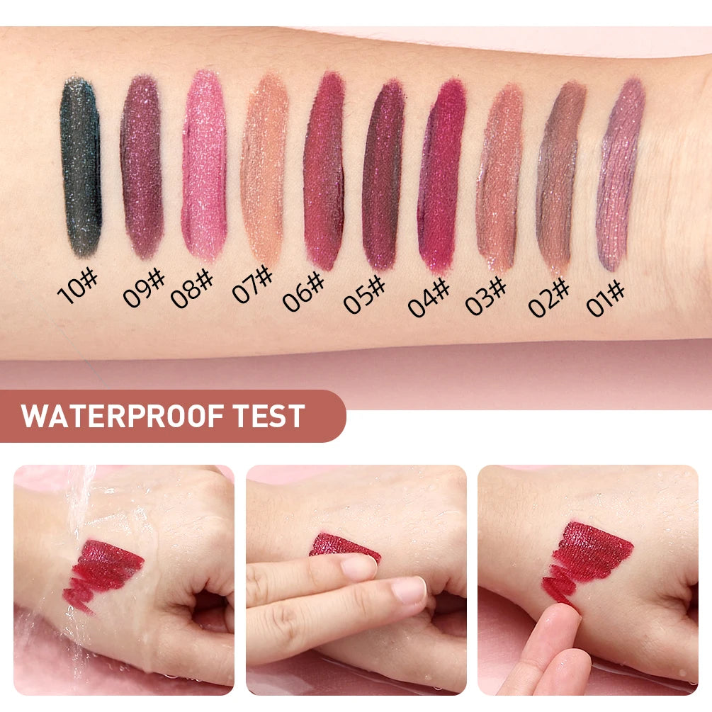 QIBEST-brillo de labios resistente al agua con brillo de diamante, lápiz labial líquido mate, esmalte de labios de perla brillante, tinte labial de larga duración, maquillaje para mujer