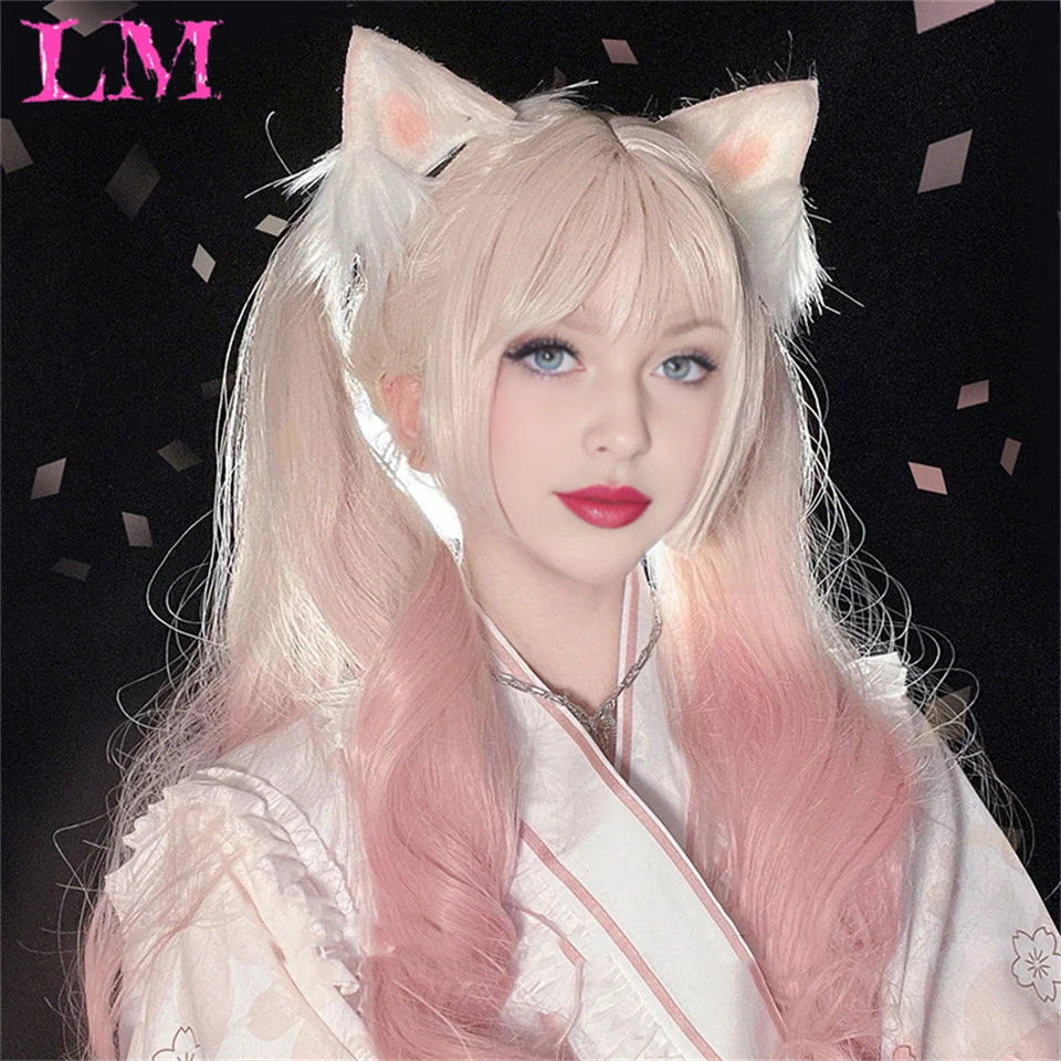 LM Rubio sintético Ombre mezclado rosa Rubio largo ondulado pelucas con flequillo Cosplay fiesta uso fibra resistente al calor para mujeres