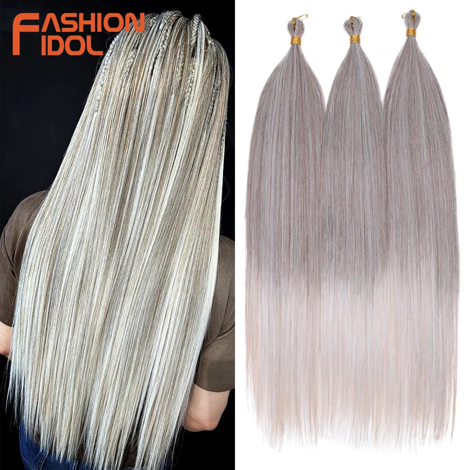 FASHION IDOL, 28 pulgadas, 300g/3 piezas, cabello liso, cabello trenzado sintético, extensiones de cabello de fibra resistente al calor, color gris ombré