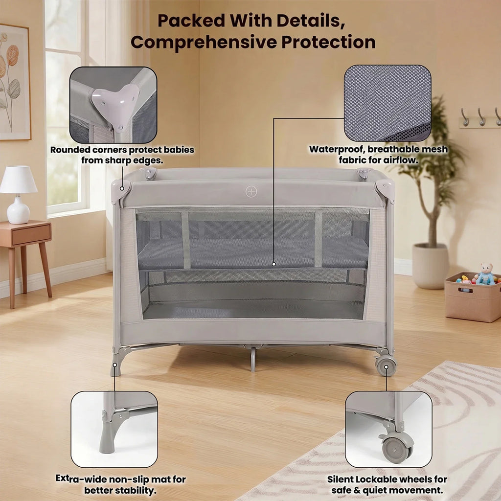 Cuna de Viaje Plegable con Colchón Suave, Ruedas y Bolsa de Transporte, Plegado Rápido y Compacto para Uso en Interiores y Exteriores para Recién Nacidos y Niños Pequeños