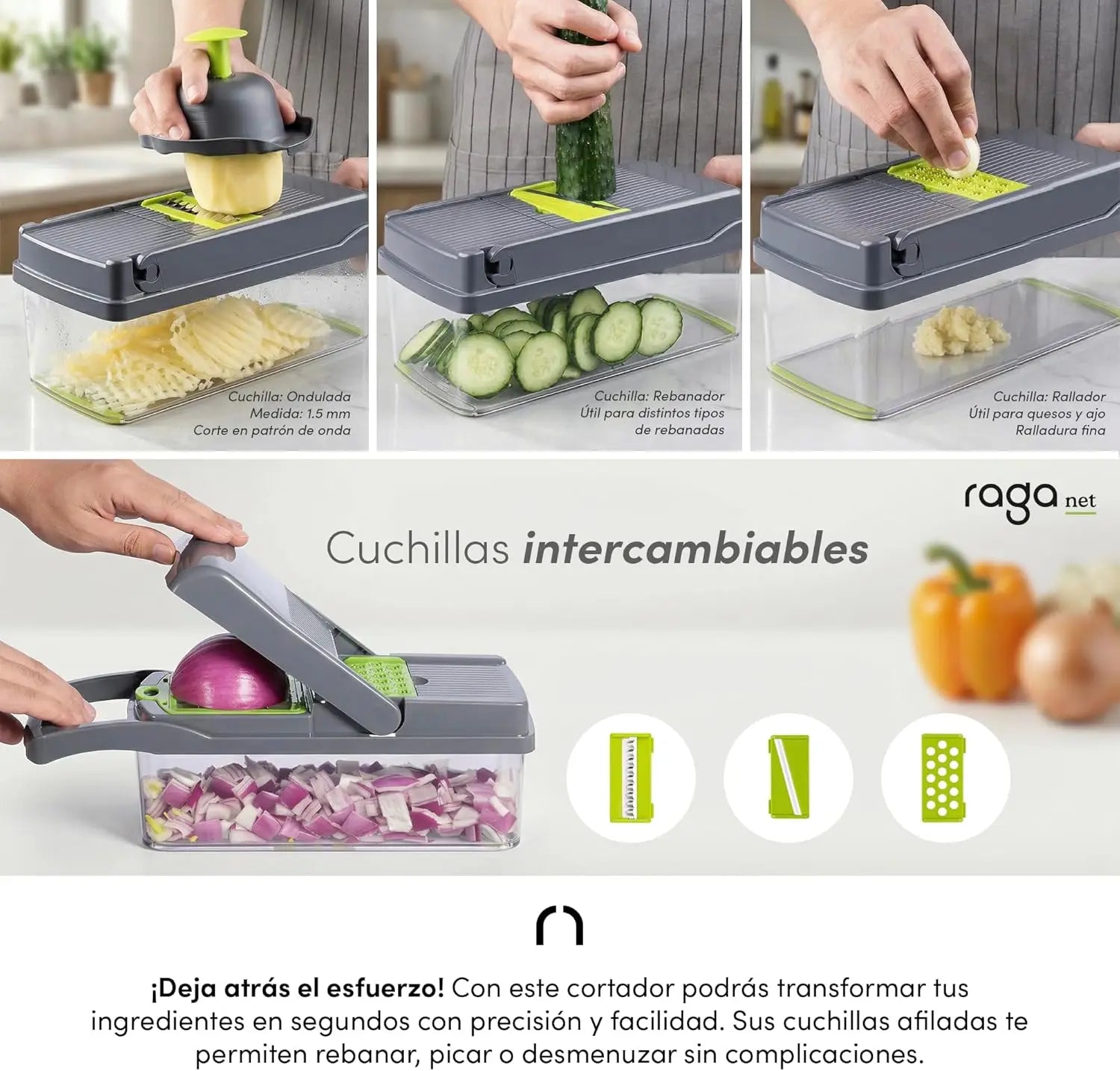 Cortador de Verduras 12 en 1 con 8 Cuchillas de Acero Inoxidable, Colador de Frutas y Verduras, Mandolina para Uso Doméstico y en la Cocina