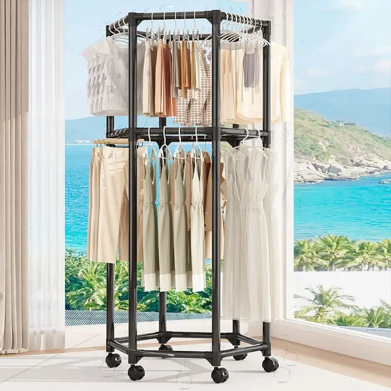 Perchero de Pie Hexagonal Giro, Perchero para Dormitorio, Cuerda de Secar Ropa Interior, Organizador Móvil de Ropa y Sombreros, Doble Capa y Desmontable