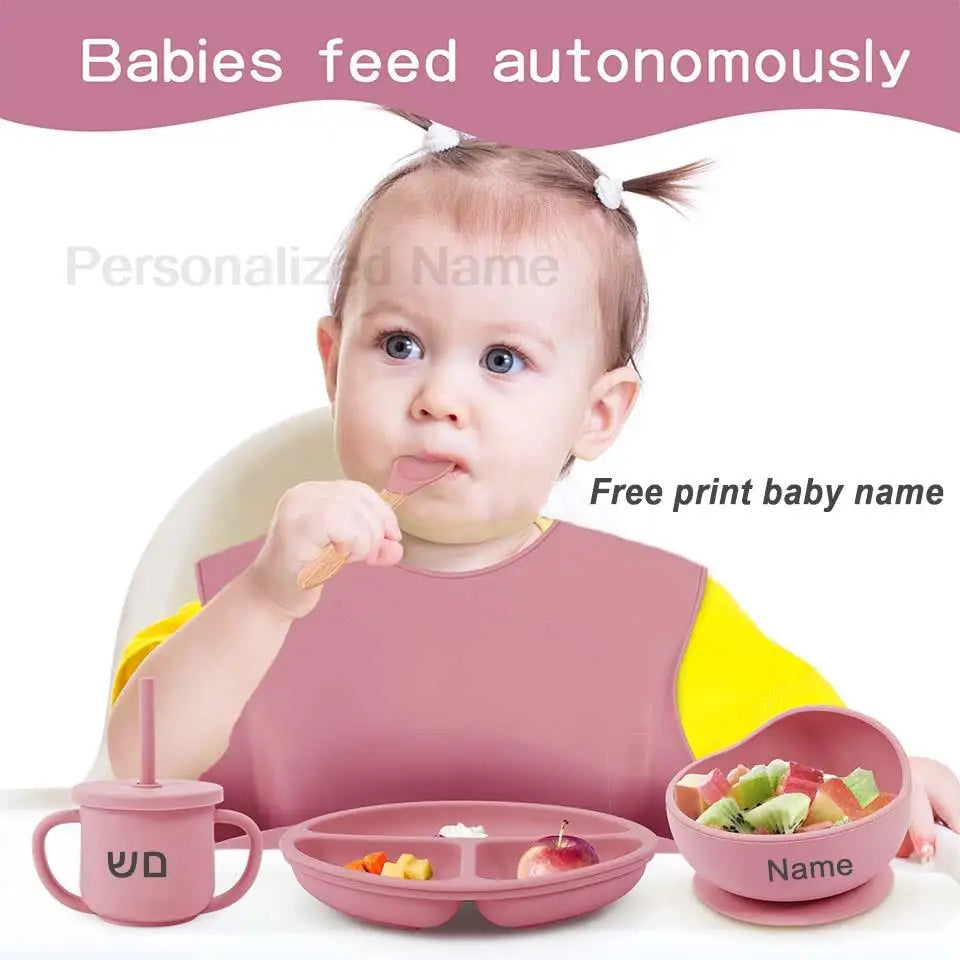 Juego de alimentación de silicona para bebé, plato de comedor redondo, cuenco con ventosa, platos para niños, vajilla con nombre personalizado, taza de paja, 8 Uds.