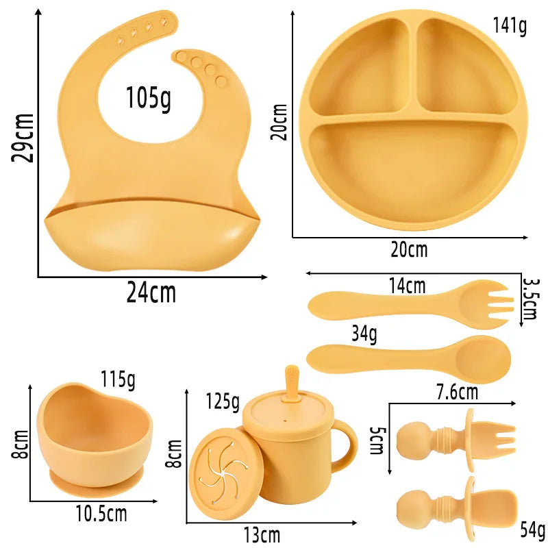 Juego de alimentación de bebé de silicona sin BPA, cuenco con ventosa, plato de comedor, taza de paja, cuchara, tenedores para niños, vajilla para bebés, platos para niños