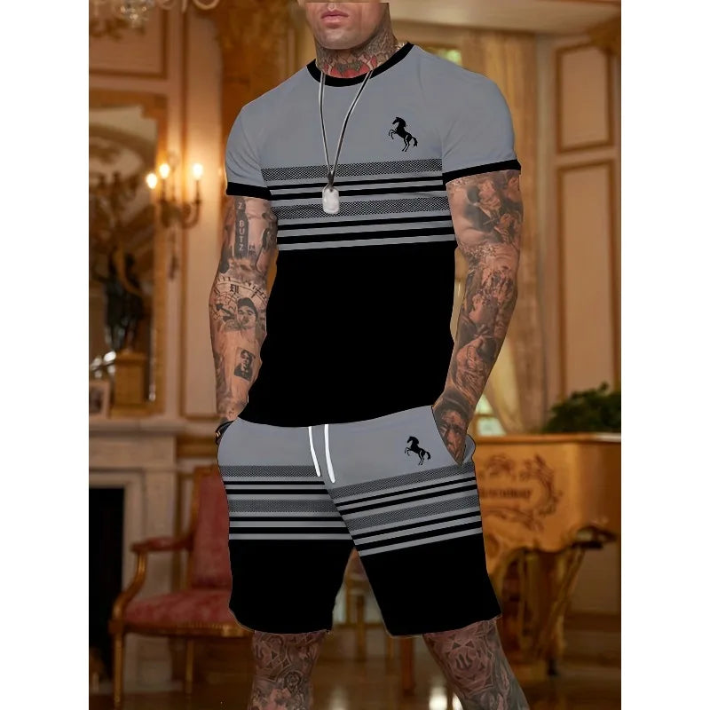 Conjunto informal de dos piezas con estampado 3D a rayas para hombre, camiseta de manga corta y pantalones cortos, conjunto para deportes al aire libre diarios de tela de poliéster