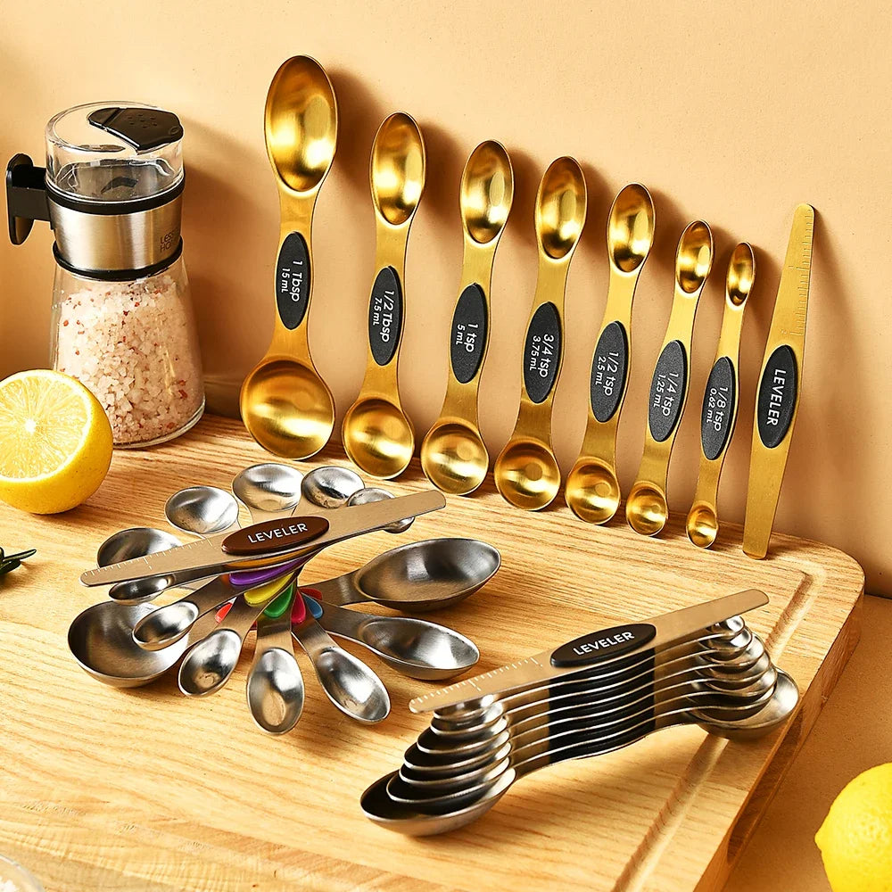 8 unids/set juego de cucharas medidoras magnéticas de acero inoxidable apilables cucharaditas de doble cara Metal preciso para latas de condimentos