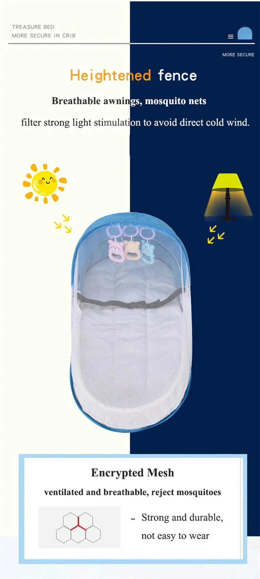 Cama de bebé práctica, cuna plegable antipresión con red y toldo, aislamiento biomimético para recién nacidos, cuna de viaje al aire libre