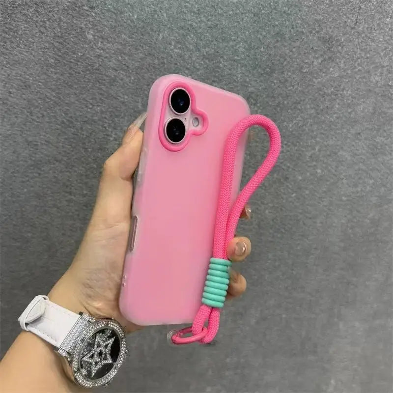 Funda de teléfono transparente de caramelo mate suave para iPhone 17 16 Pro Max 15 14 13 12 11 XS X 7 8 Plus 16e cubierta de cordón con correa para muñeca