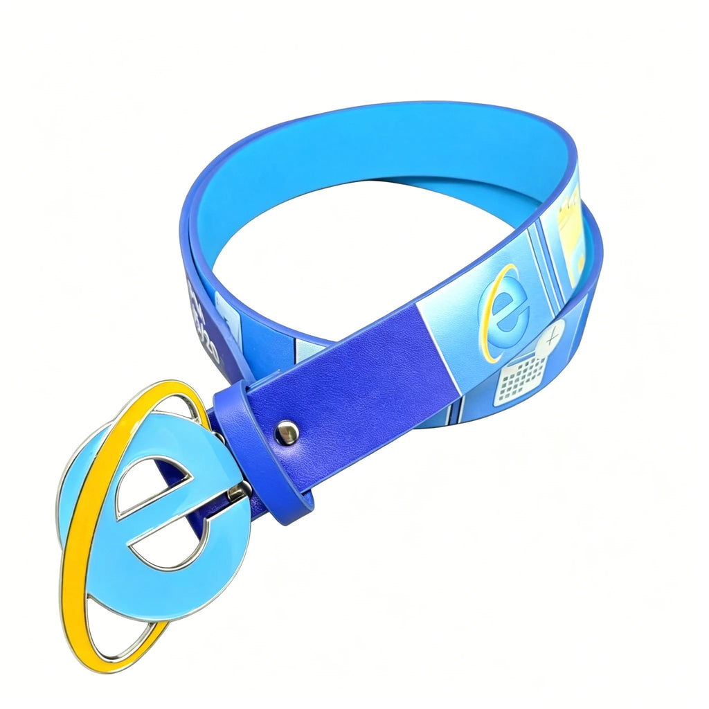 Cinturón Retro con Diseño de Internet Explorer, Cinturón de 110 cm Estilo Y2K, Hebilla de Aleación y Cuero Vacuno, Accesorio Divertido y Nostálgico para Jeans