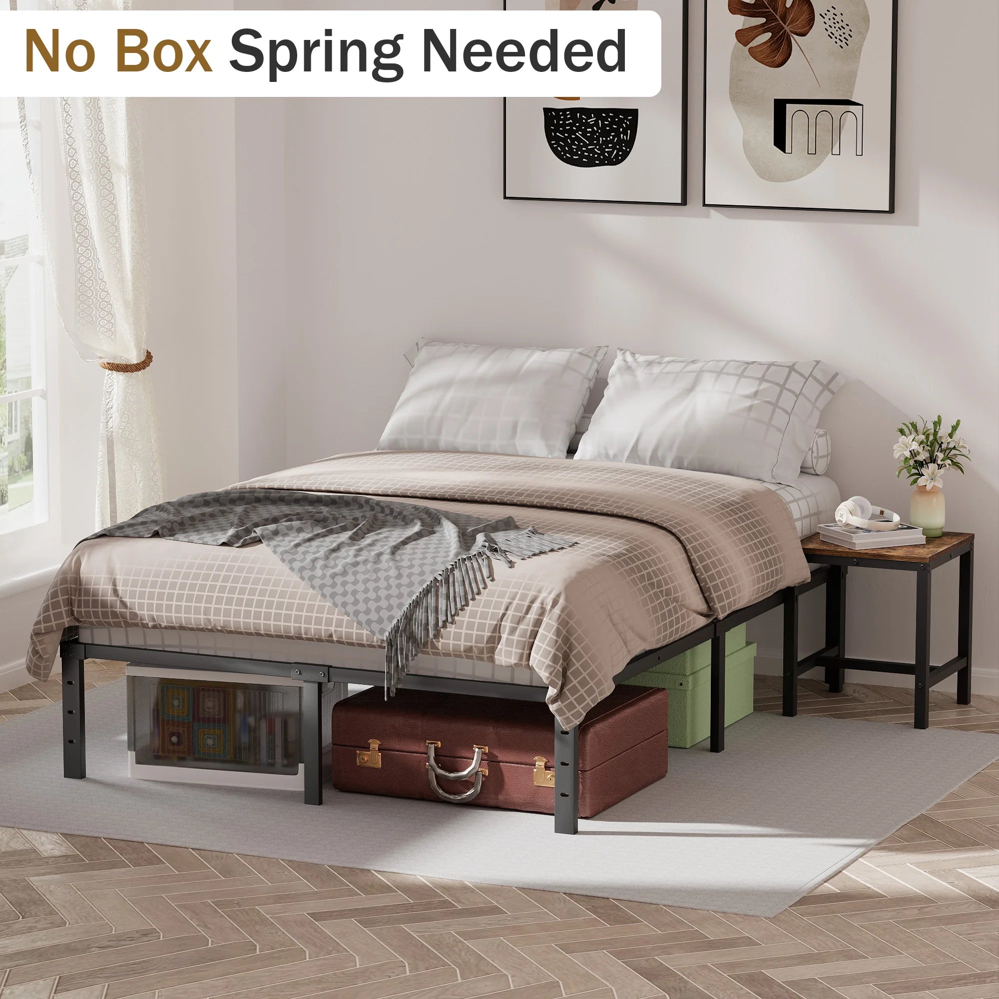 Bases de Cama con Plataforma, Soporte Lateral de Listones, Cabecero Acolchado, Estructura Metálica para Camas, Muebles para el Hogar Bedsleep