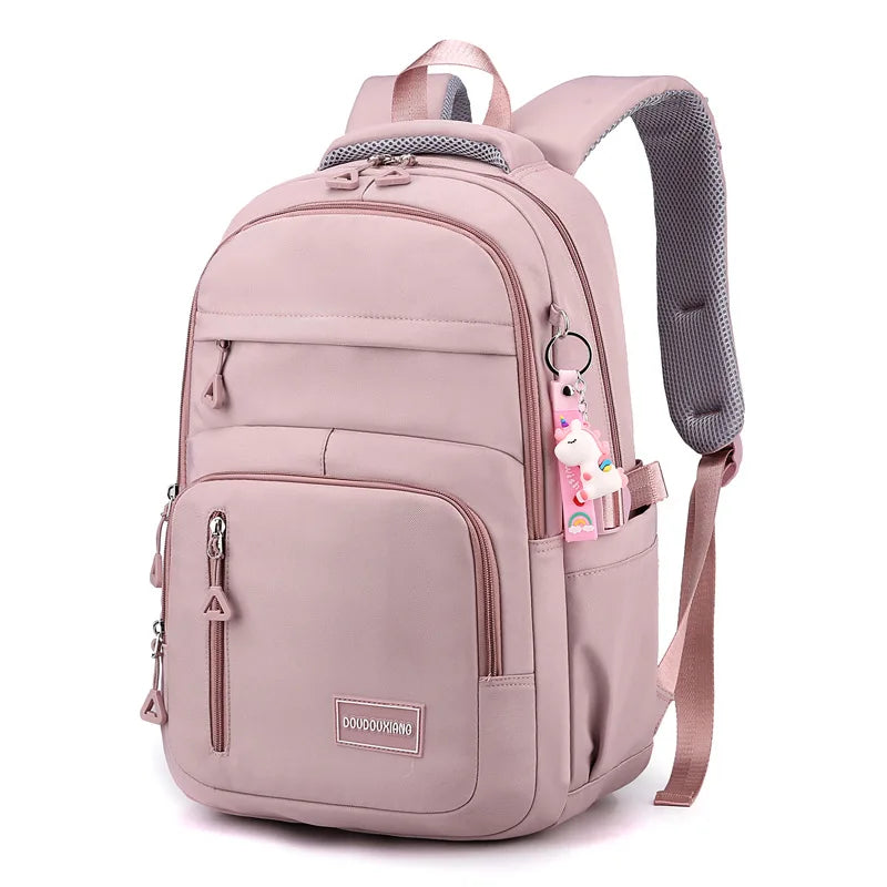 Mochila escolar de nailon con colgante para niñas, de viaje con múltiples bolsillos morral, impermeable, informal, estilo Simple
