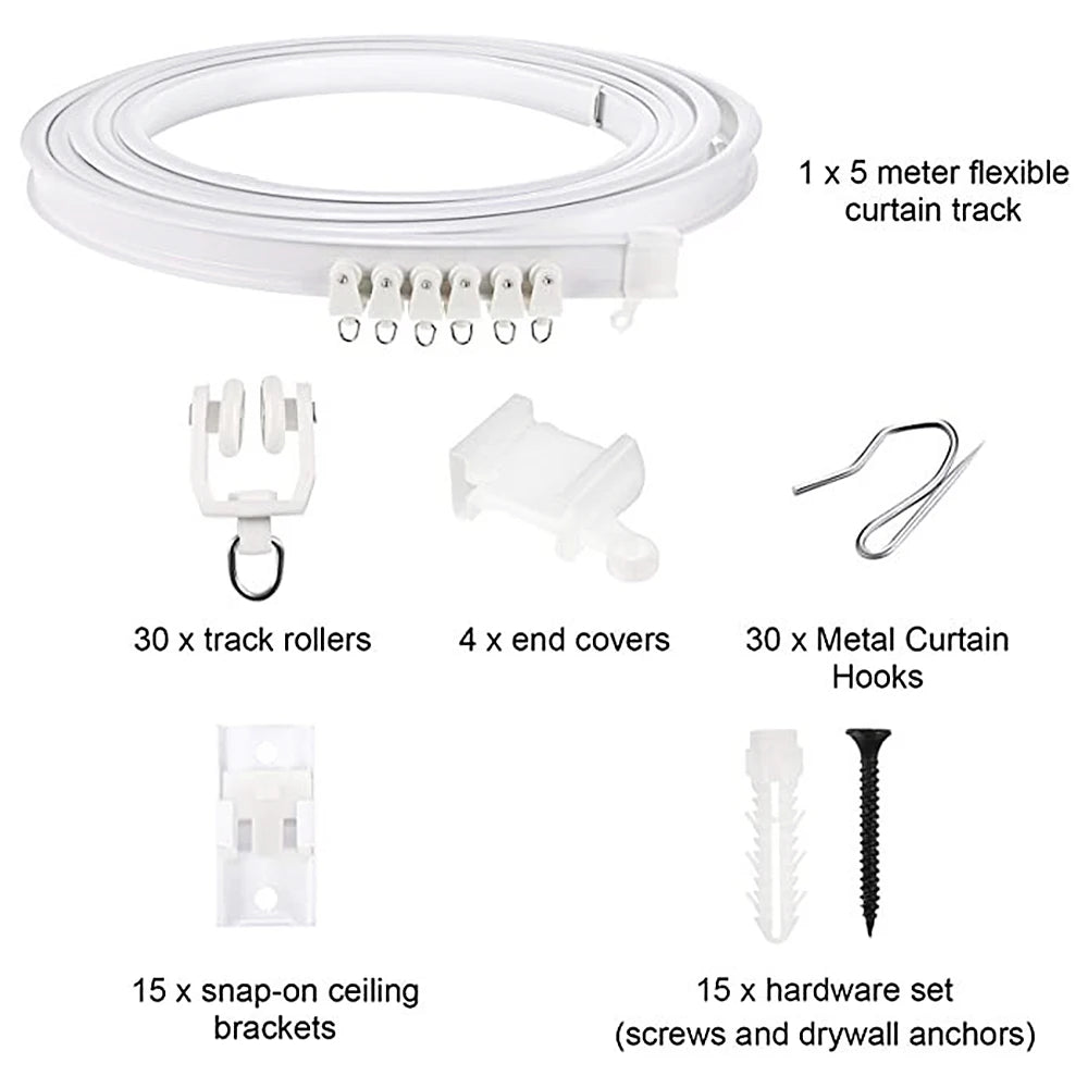 Juego de Rieles para Cortinas de Techo, 5m, Montaje Superior, Riel Flexible para Ventanas, Apto para Cortinas Rectas y Curvas, Decoración del Hogar