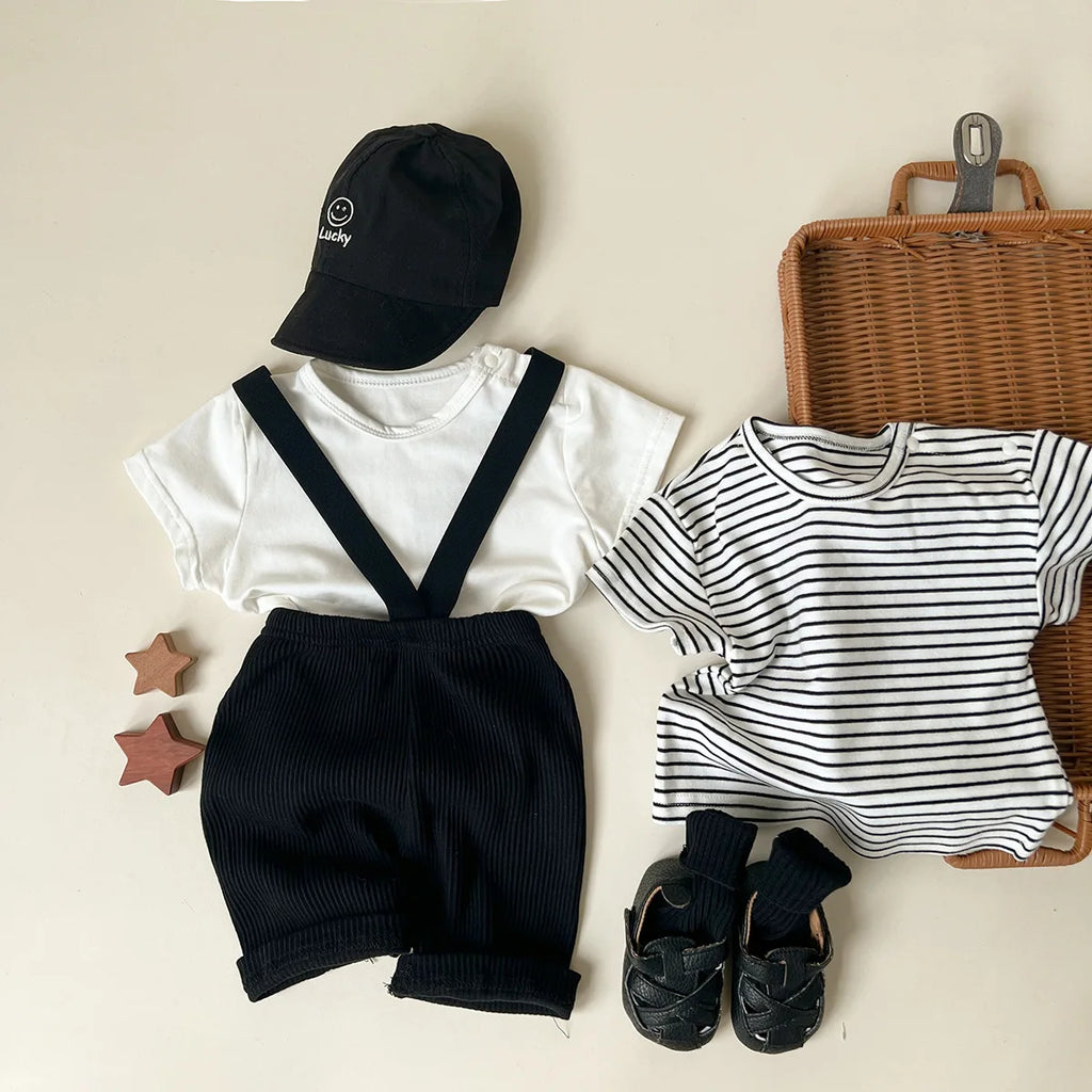 Conjunto de ropa UNITIM coreano de verano para bebés, camisetas de manga corta de algodón con tirantes, pantalones cortos finos, trajes para niños pequeños, 2 uds.