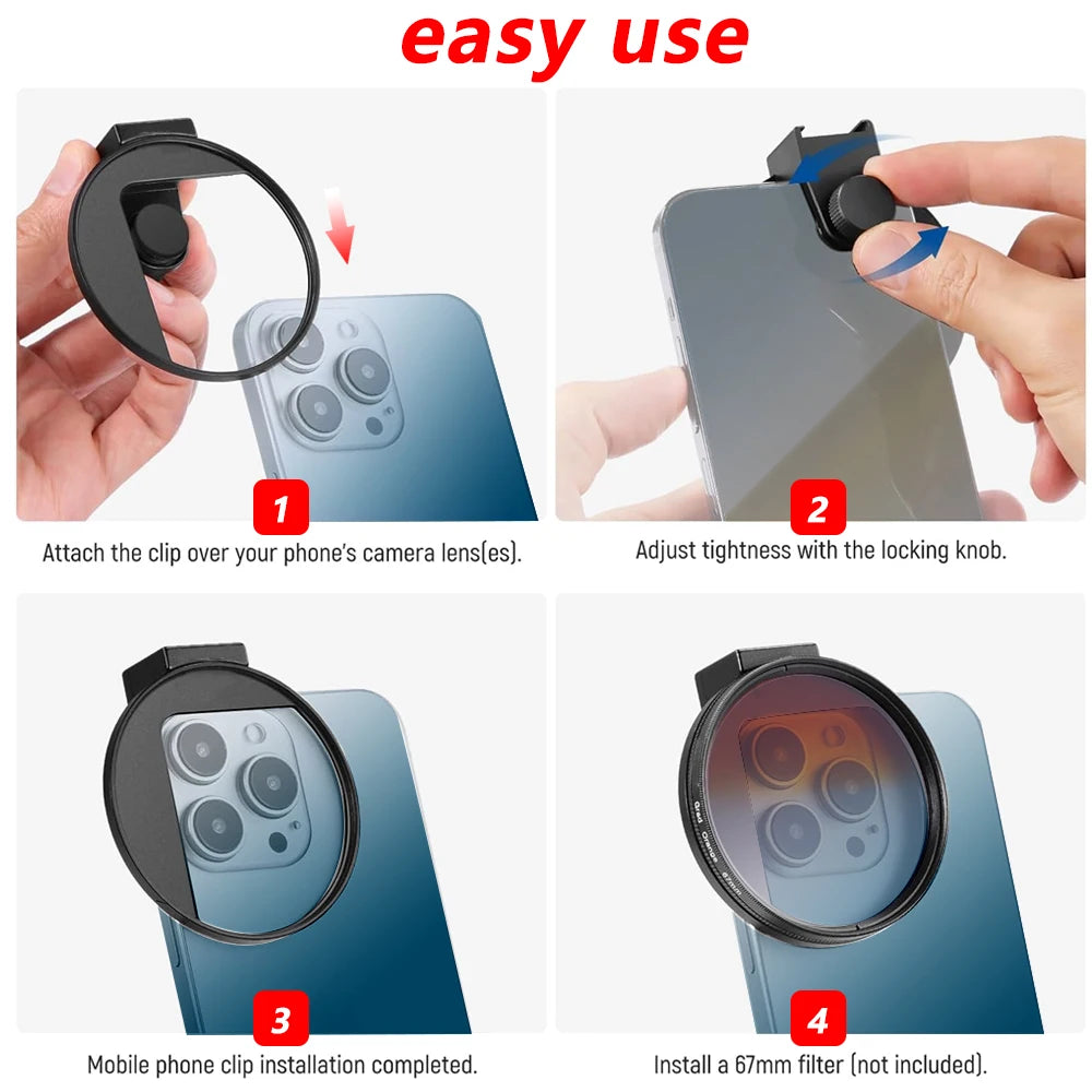 Juego de filtros de 67 mm Lente de teléfono Incluye filtro ND variable CPL Star Negro Suave con clip de metal para teléfonos inteligentes iPhone Teléfono móvil
