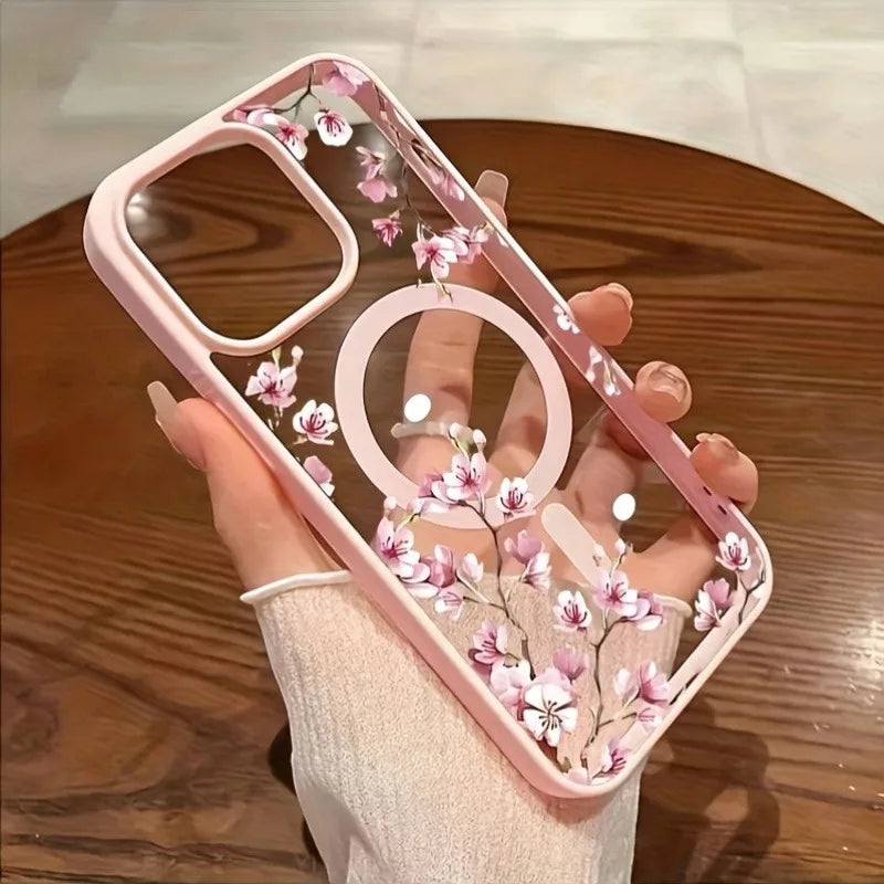 Funda de teléfono magnética con diseño de fondo Floral elegante de cereza rosa para iPhone 17 16 15 14 13 12 Pro Max 11 16 Plus 16E 17Air