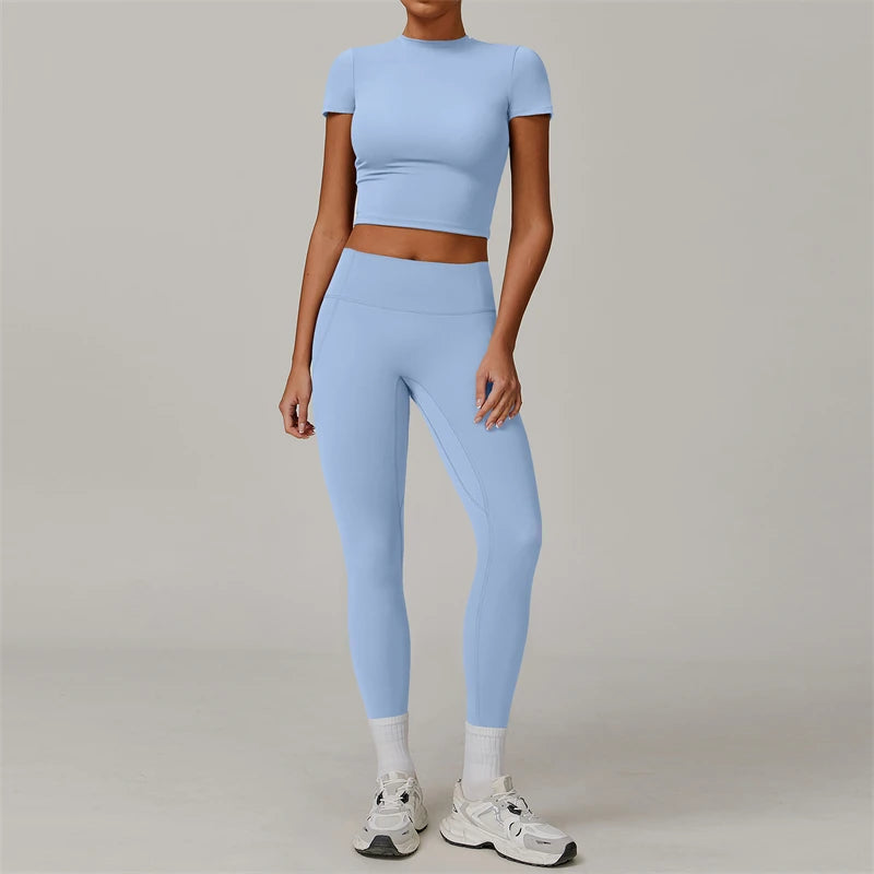 Conjunto de Yoga de 2 piezas para mujer, ropa deportiva de entrenamiento, ropa de gimnasio, Top corto de manga corta, mallas de cintura alta, trajes deportivos