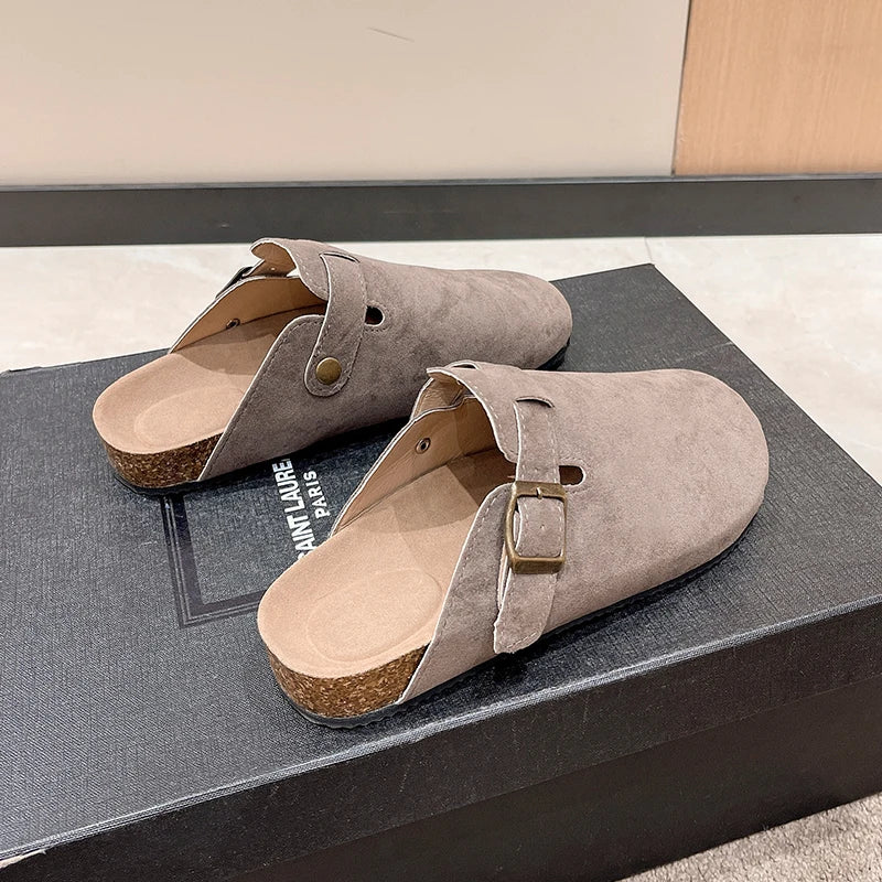 Sandalias de medio arrastre, zuecos para mujer, zapatillas de gamuza de corcho a la moda, zapatillas clásicas antideslizantes de corcho para exteriores con arco