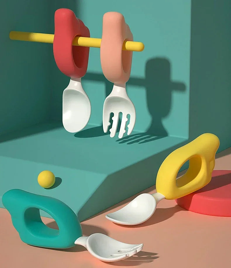 Cuchara, tenedor para bebé, aprender a comer, entrenar, 1-2 años, comer, juego de palillos para bebé, tenedor de comida complementaria, vajilla de plástico
