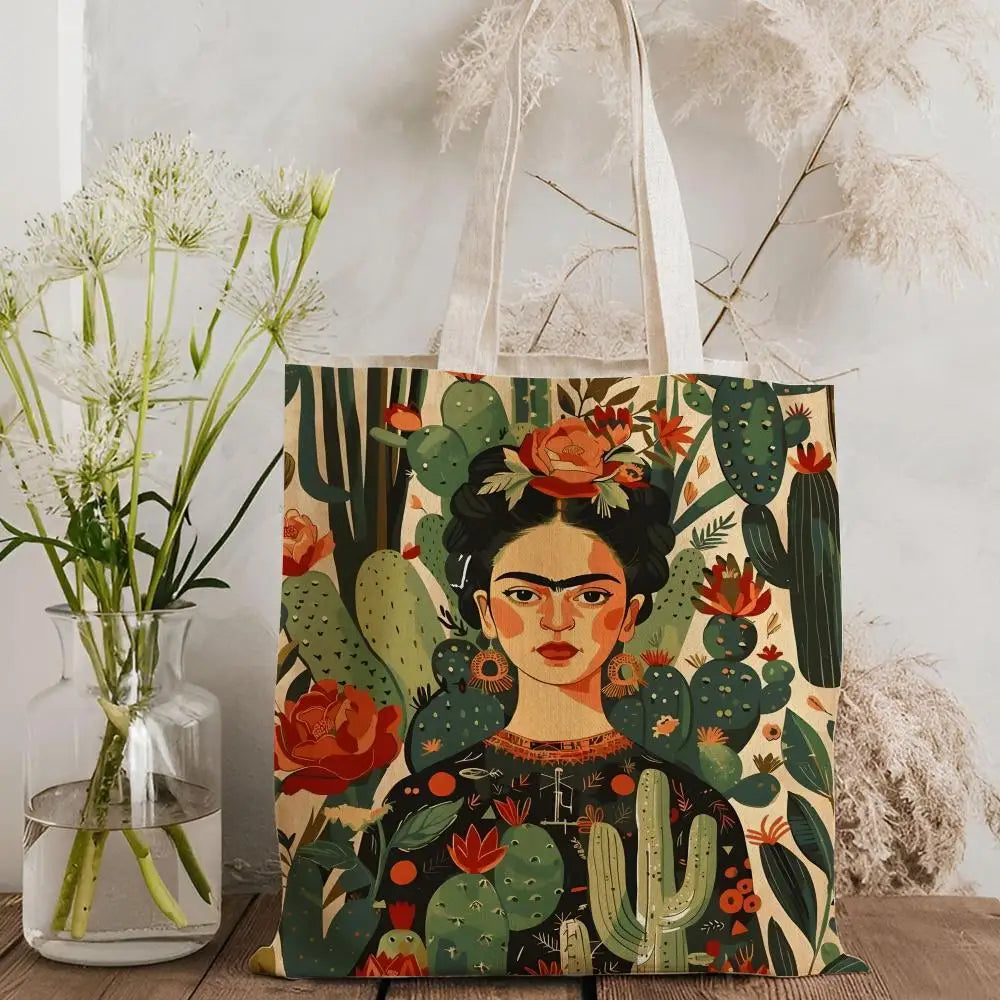 Bolsos de Almacenamiento Art F-Frida Kahlo, Bolso Tote de Lona con Estampado a Doble Cara, Bolso de Hombro de Gran Capacidad para Mujer