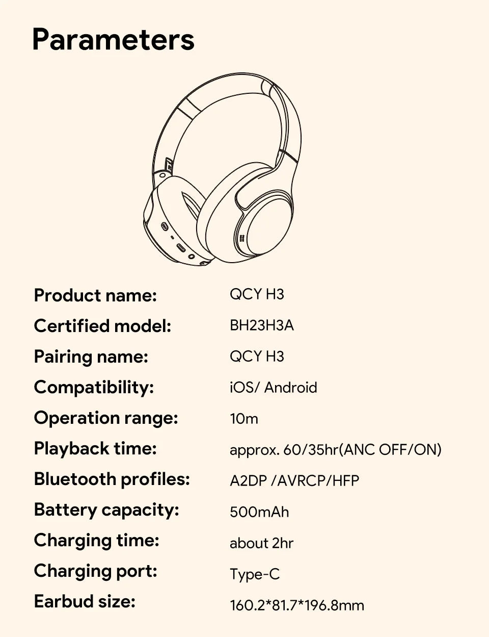 QCY H3 ANC Auriculares inalámbricos 43dB Cancelación activa de ruido Auriculares con cable/inalámbrico Bluetooth 5.4 Auriculares de audio de alta resolución 60 horas
