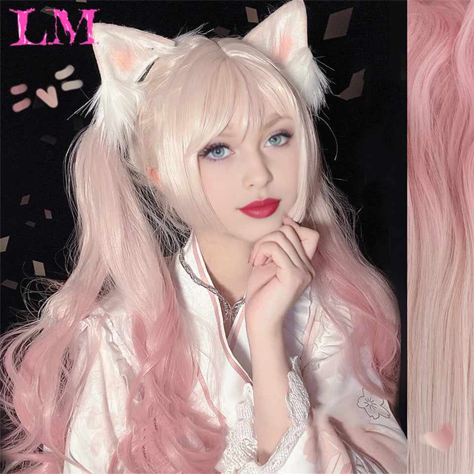 LM Rubio sintético Ombre mezclado rosa Rubio largo ondulado pelucas con flequillo Cosplay fiesta uso fibra resistente al calor para mujeres