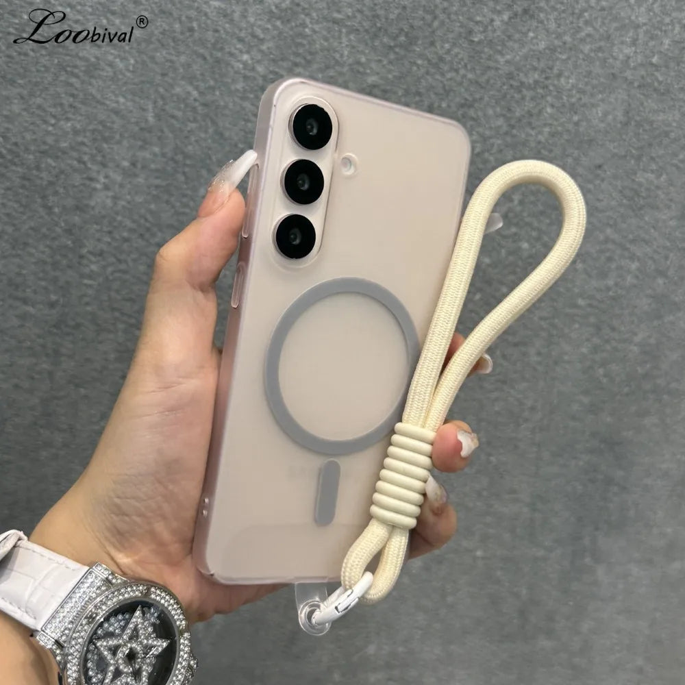 Funda Magnética Mate con Correa para Muñeca para Samsung Galaxy S25 S26 Ultra S22 S23 S24 Plus S21 FE A55 A56 A16 A17, Carcasa Rígida