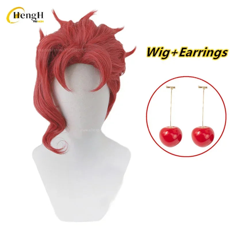 En Stock Anime Noriaki Kakyoin sintético Unisex pelo corto rojo rizado Cosplay Anime peluca pelo resistente al calor pelucas de fiesta + gorro de peluca