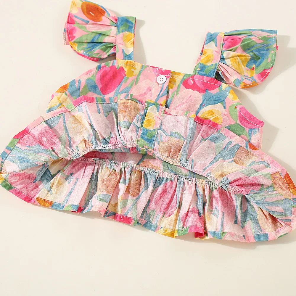 Conjunto de verano de 2 piezas con tirantes y pantalones cortos para niña, Top con tirantes de manga voladora pequeña con estampado de tulipán de dibujos animados