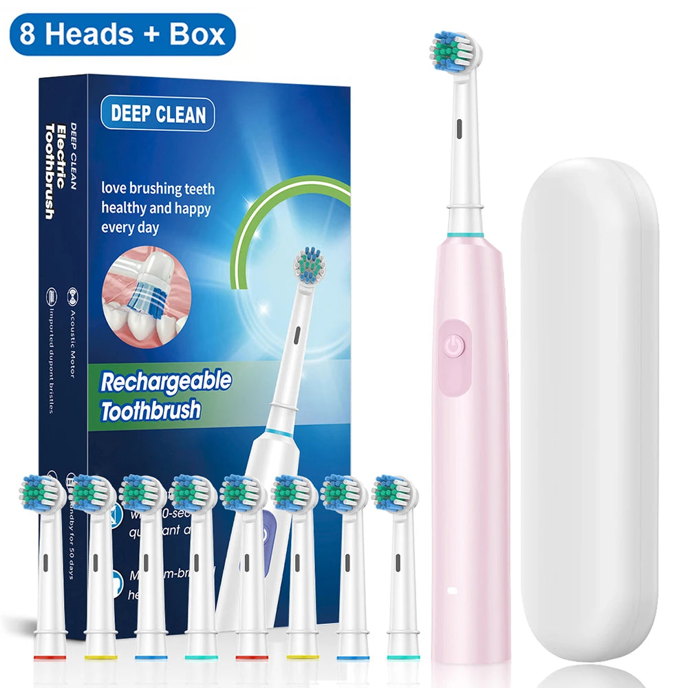 Cepillo de dientes eléctrico, cepillo de dientes eléctrico recargable giratorio para adultos, cepillos de dientes eléctricos giratorios con 8 cabezales suaves