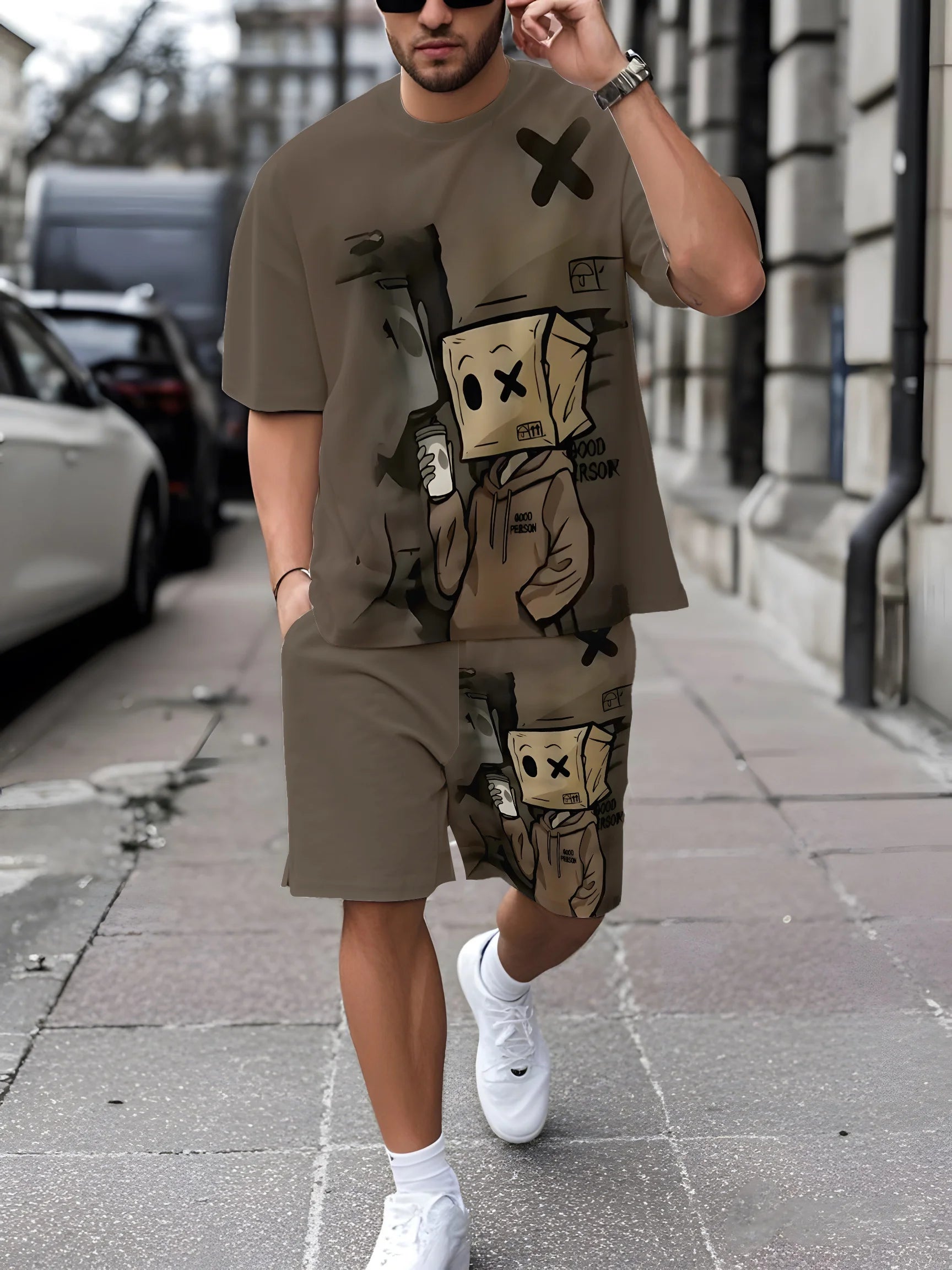 Conjunto Deportivo Casual de Verano para Hombre, Estilo Holgado, Moderno, con Estampado de Grafiti, Cuello Redondo, Manga Corta, Dos Piezas con Pantalones Cortos
