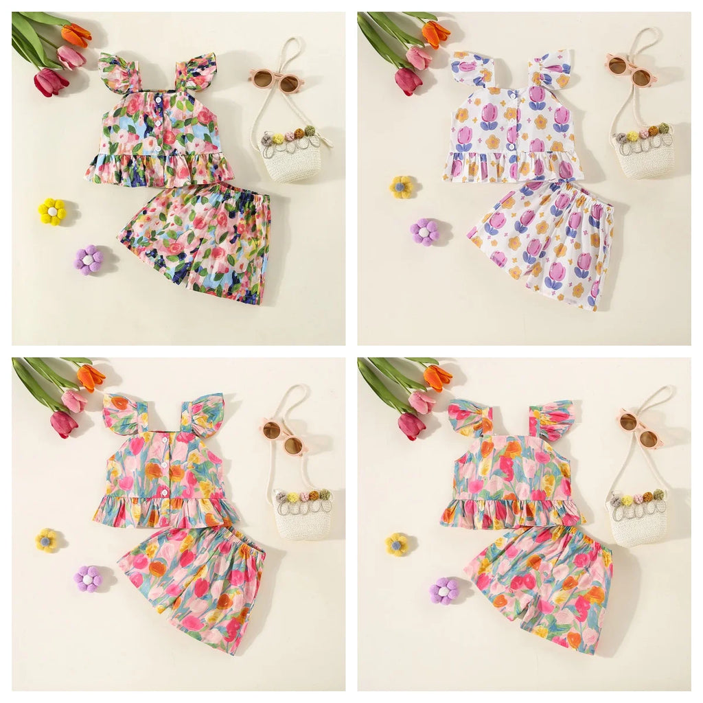 Conjunto de verano de 2 piezas con tirantes y pantalones cortos para niña, Top con tirantes de manga voladora pequeña con estampado de tulipán de dibujos animados
