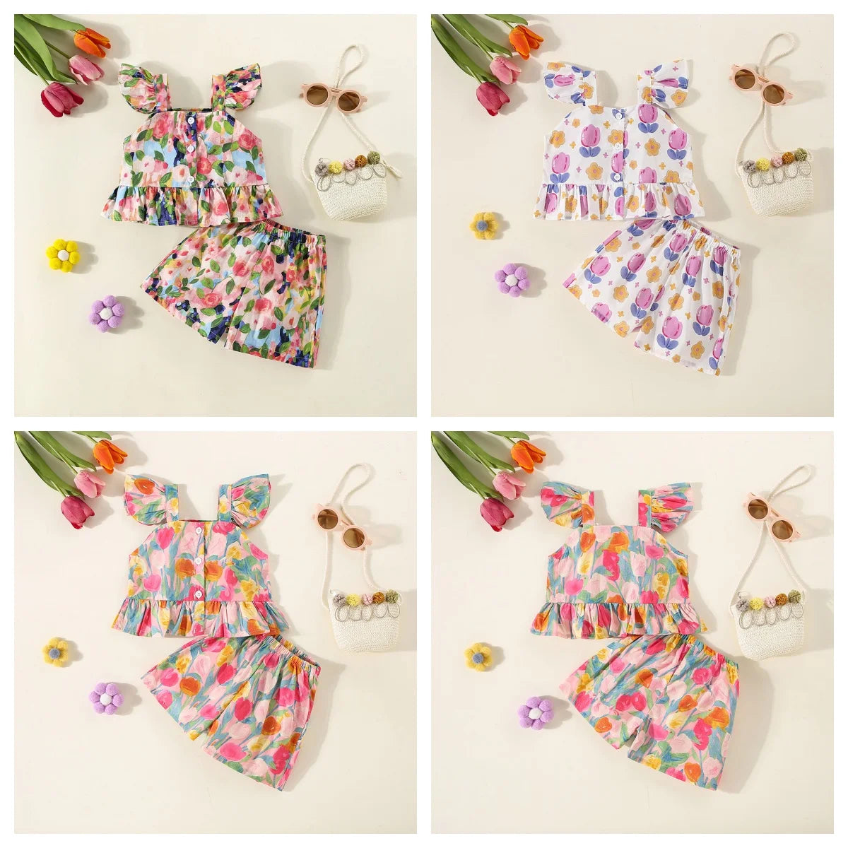 Conjunto de verano de 2 piezas con tirantes y pantalones cortos para niña, Top con tirantes de manga voladora pequeña con estampado de tulipán de dibujos animados