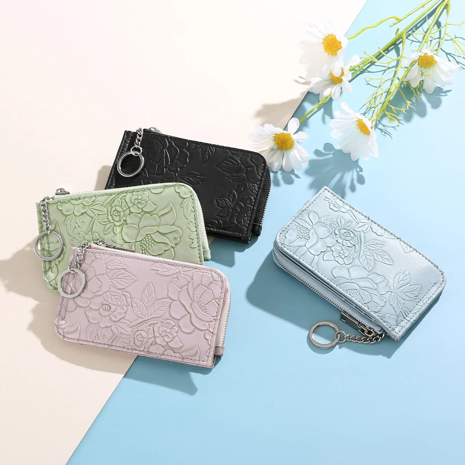 Monedero con cremallera para mujer con diseño en relieve de llavero, múltiples ranuras para tarjetas, billetera de gran capacidad, accesorios de moda