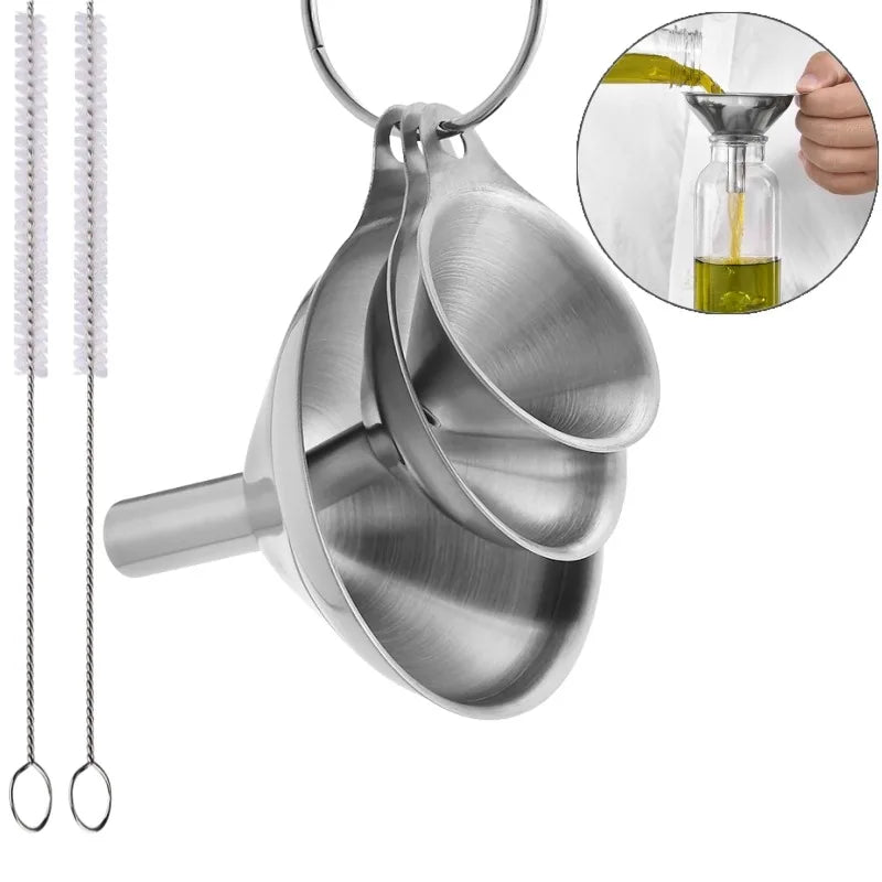 Juego de embudos de acero inoxidable, embudos metálicos de calidad alimentaria con cepillo de limpieza para llenar botellas, herramienta de filtro de aceite y líquido de cocina, 3 uds.