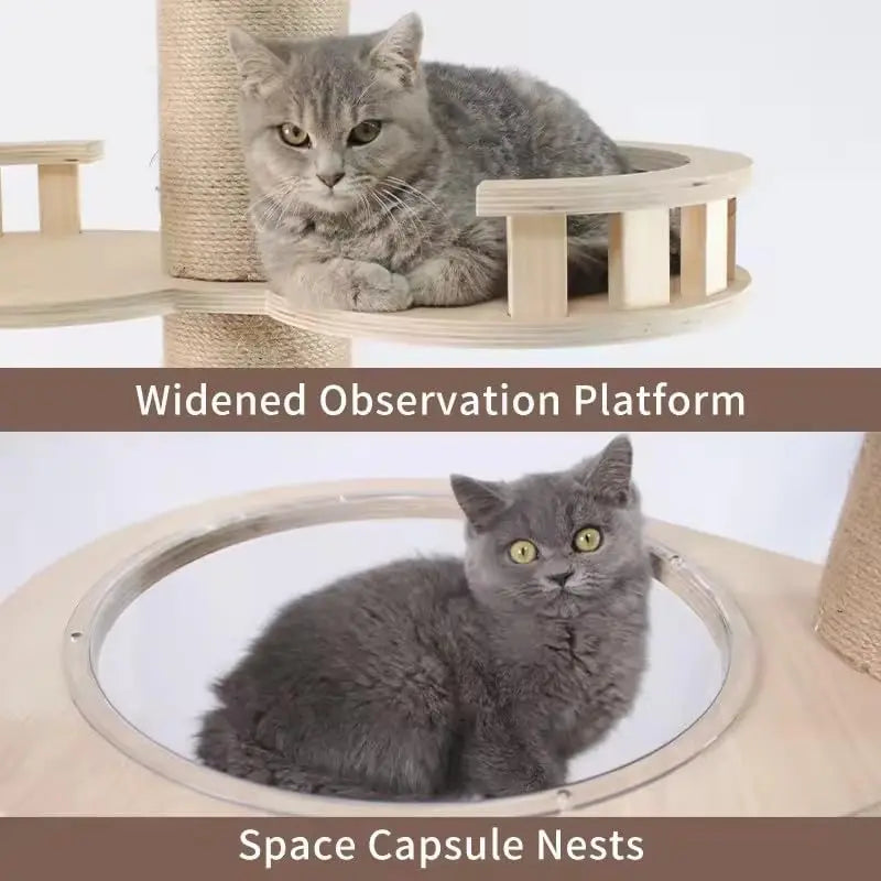 Torre para gatos grande de madera maciza con plataforma de salto multinivel, rascador, juguete y mueble para gatos.