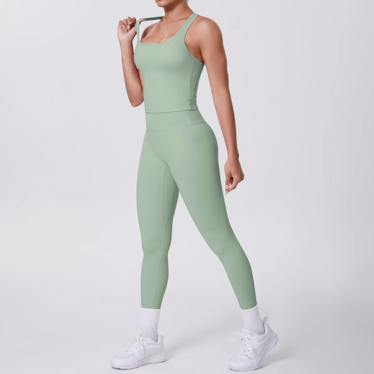 Hamidou - Conjunto de yoga de 2 piezas para mujer: leggings de fitness de secado rápido con efecto push-up y top deportivo con espalda en I de color liso.