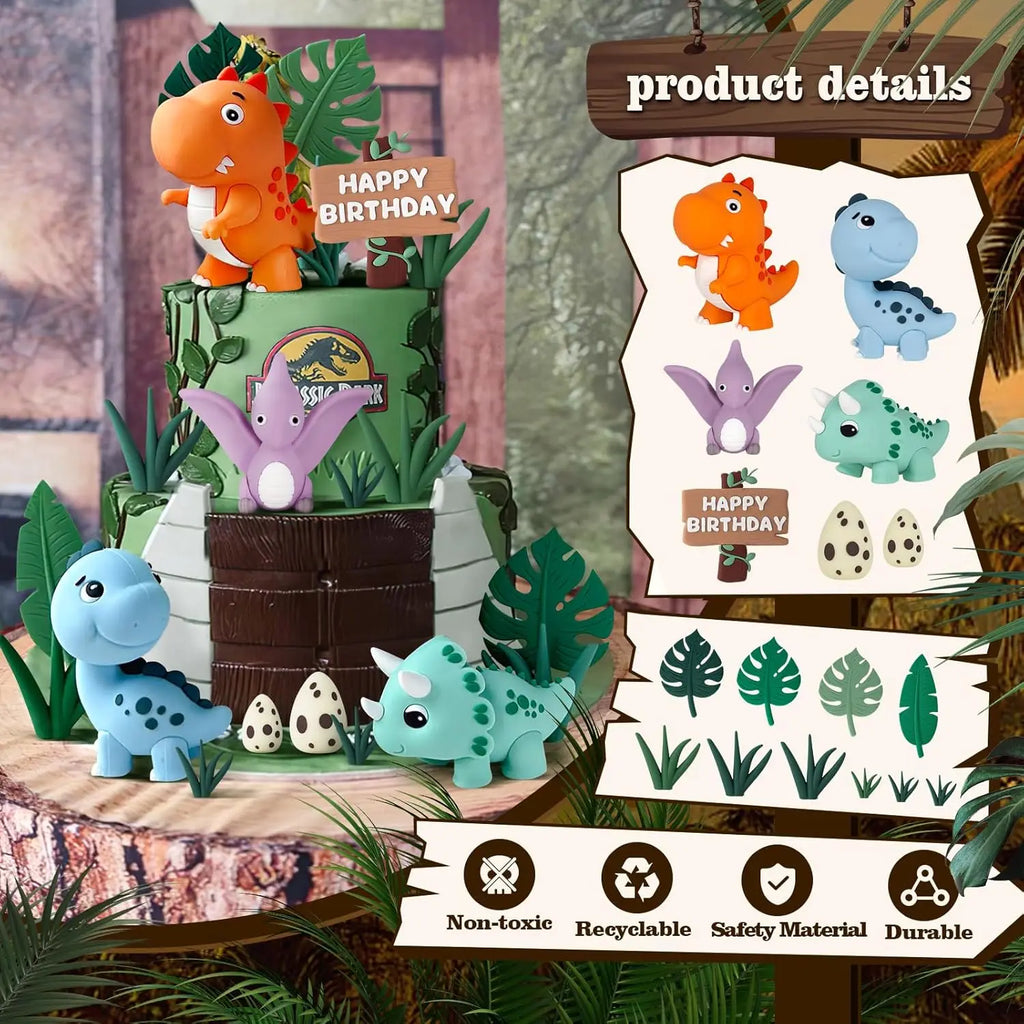 17 Uds. Adorno para tarta de dinosaurio, huevos de dinosaurio, hojas, hierba, decoraciones para pasteles para decoraciones para fiestas temáticas de animales de Safari
