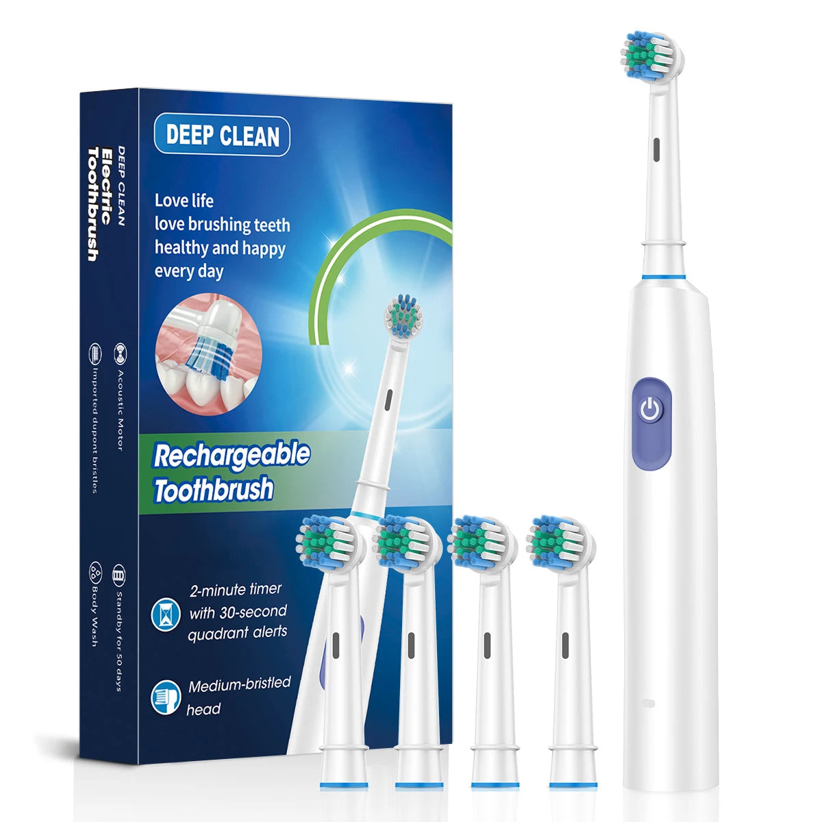 Cepillo de dientes eléctrico giratorio para limpieza profunda y blanqueamiento de dientes para adultos, cepillo de dientes recargable con cabezales de repuesto de 4/8 piezas