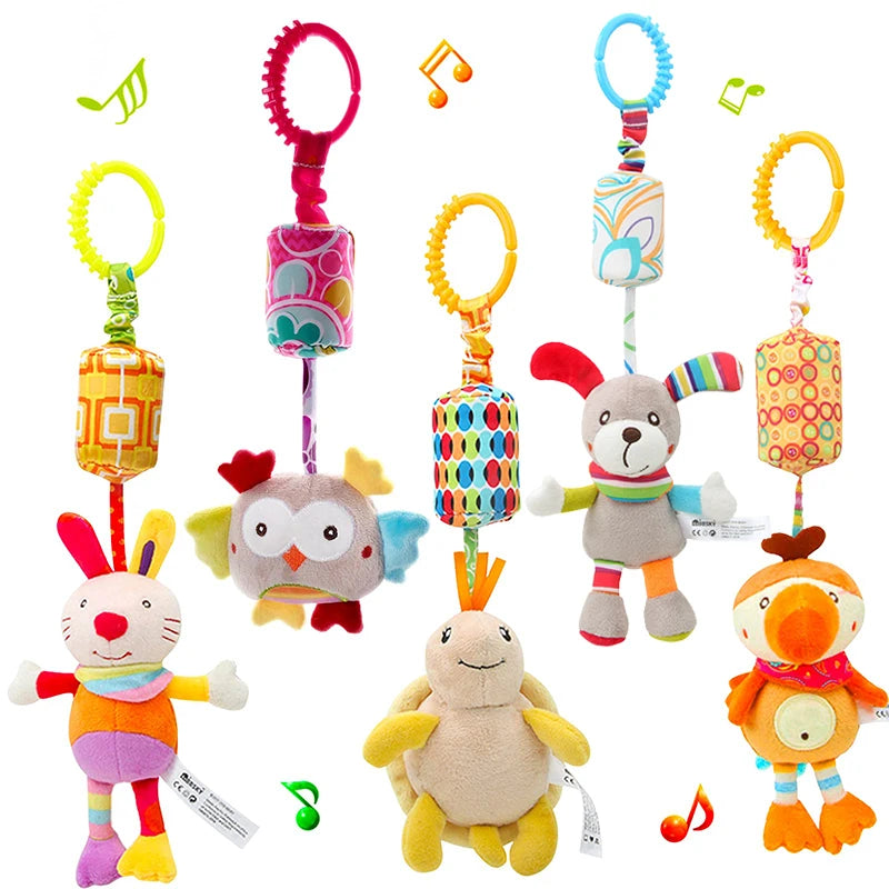Sonajeros colgantes sensoriales para bebé, juguete de aprendizaje suave, cochecito de animales de peluche, cama de coche infantil, cuna con mordedor para bebés y niños pequeños