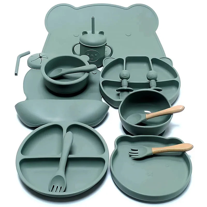 Juego de vajilla de silicona para niños, 16 piezas, taza de succión adicional, tazón, cuchara, madre y bebé