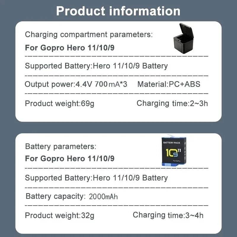 Batería de 2000mAh para GoPro Hero 11 10 9, paquete de batería de iones de litio, almacenamiento de batería de cámara de movimiento para baterías recargables GoPro Hero9