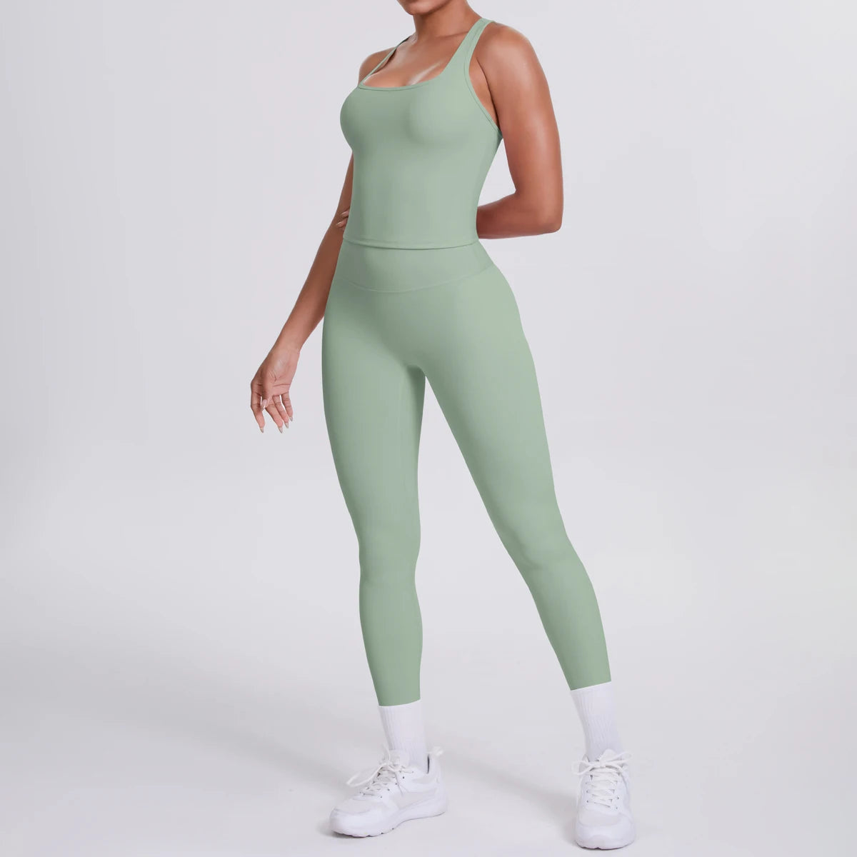 Hamidou - Conjunto de yoga de 2 piezas para mujer: leggings de fitness de secado rápido con efecto push-up y top deportivo con espalda en I de color liso.
