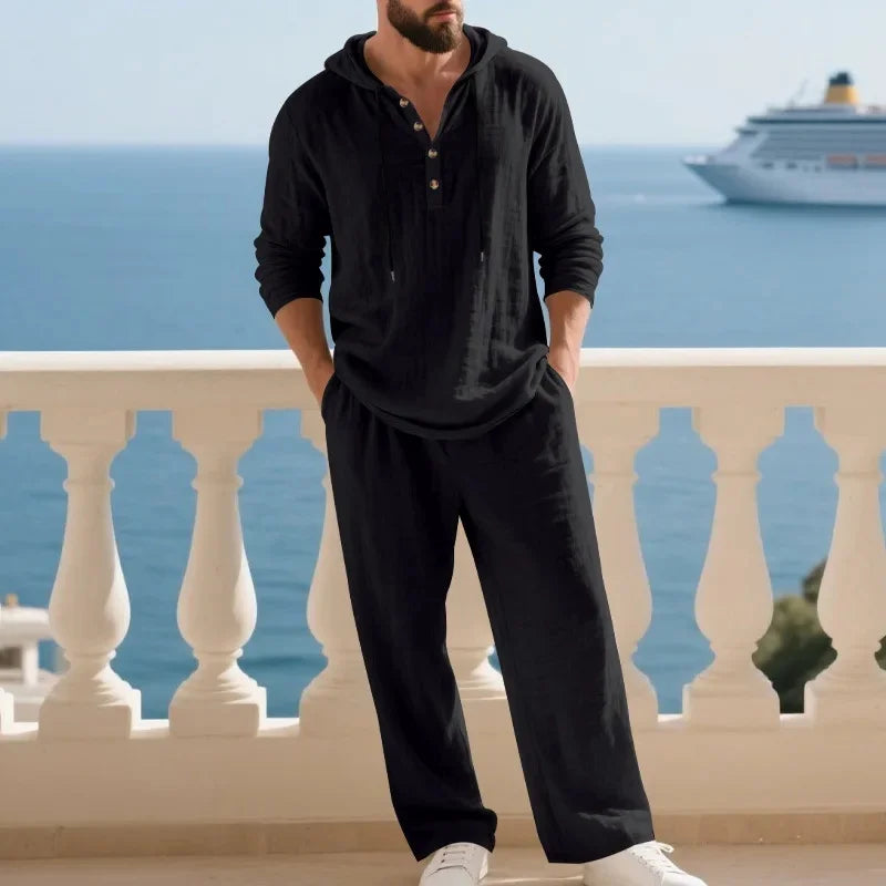 Conjunto informal holgado de lino para hombre, camisa Henry de manga larga y pantalones largos, conjunto cómodo y transpirable a la moda para otoño 2025