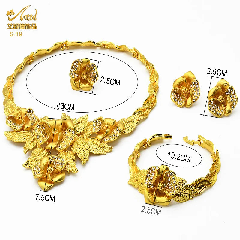 Juego de joyería nupcial de lujo en oro 24k Au999 para novias africanas y mujeres saudíes, collar, pulsera, aretes y anillo, 4 piezas, regalo.